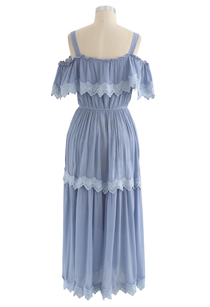 Crochet Trim Cold-Shoulder Dress in Dusty Blue