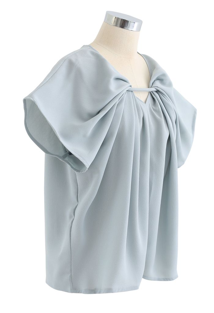 V-Neck Twisted Flare Sleeves Top in Dusty Blue