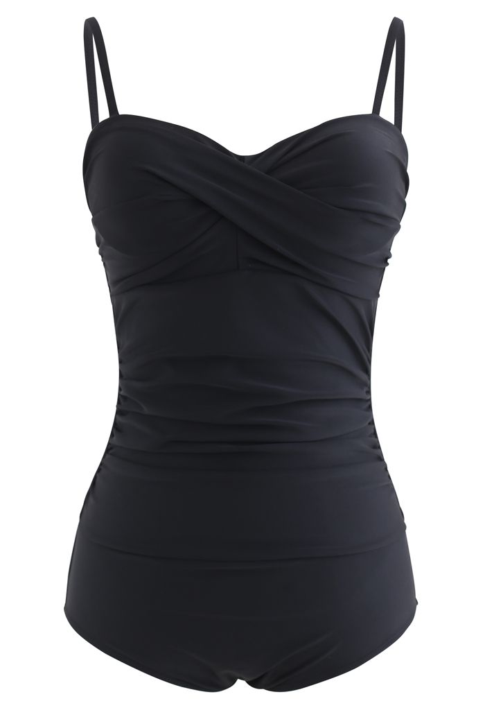 Ruched Design Solid Black One-Piece Swimsuit - Retro, Indie and Unique ...