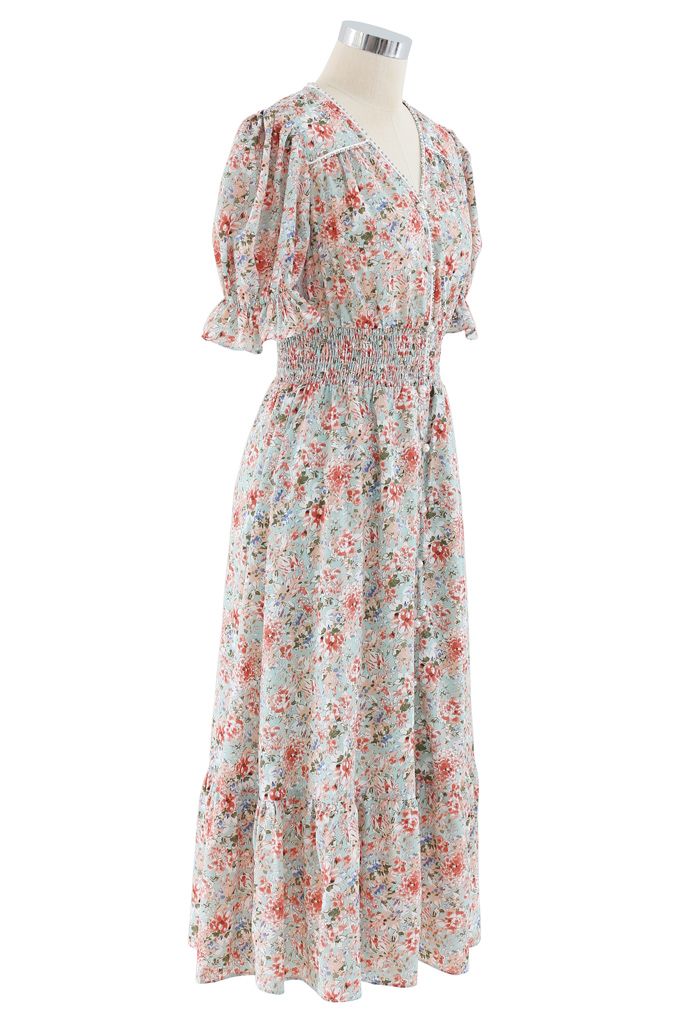Crystal and Pearl Trim Frilling Floral Chiffon Dress in Coral