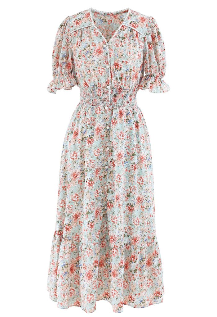 Crystal and Pearl Trim Frilling Floral Chiffon Dress in Coral