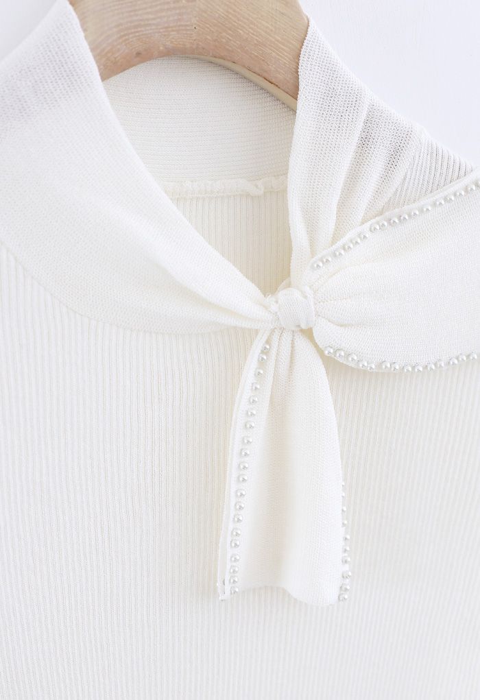 Pearl Trim Bowknot Short Sleeves Ribbed Knit Top in White
