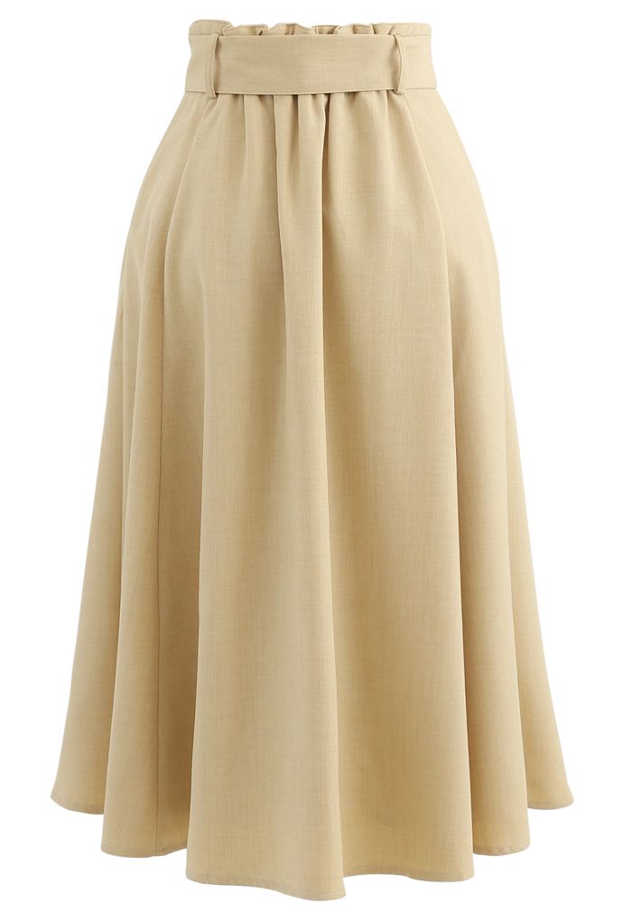 Belted Paper-Bag Waist A-Line Midi Skirt in Ginger