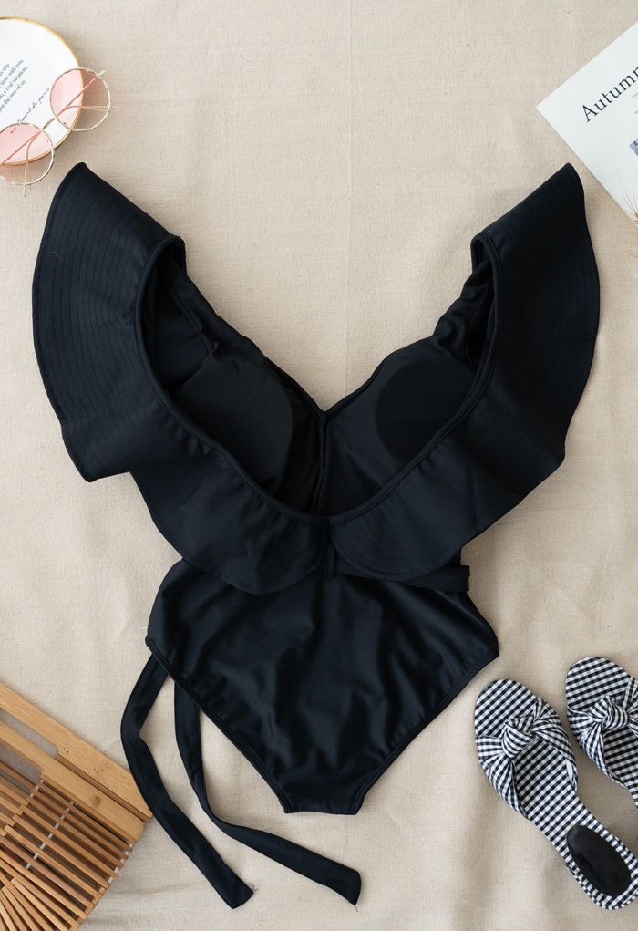 Plunging V-Neck Ruffle One-Piece Swimsuit in Black