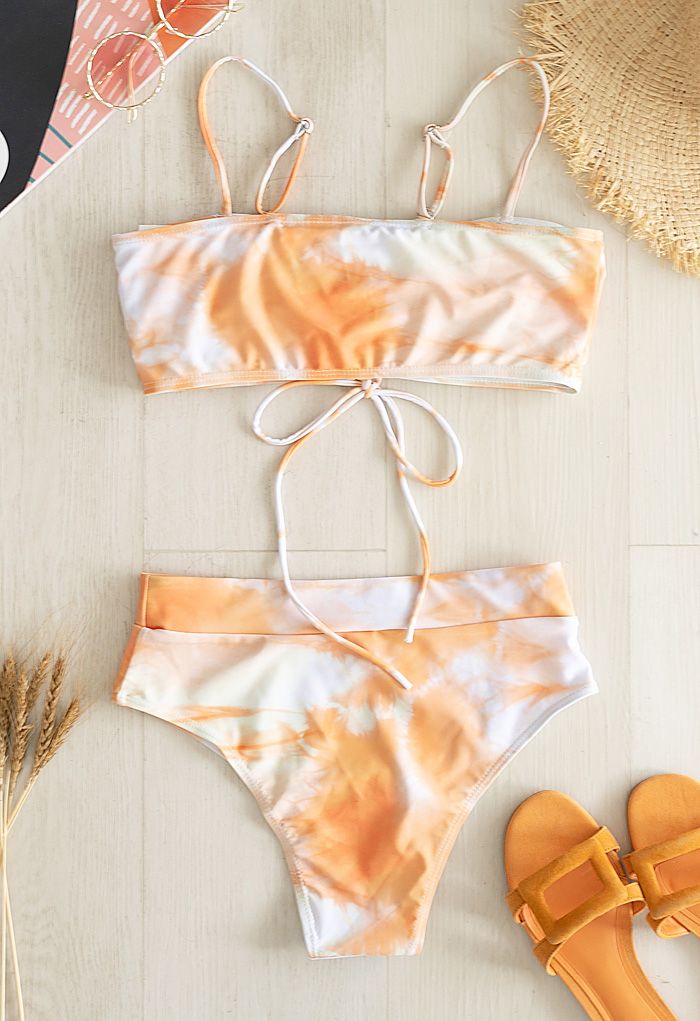 Lace-Up Front Tie-Dye High Waist Bikini Set