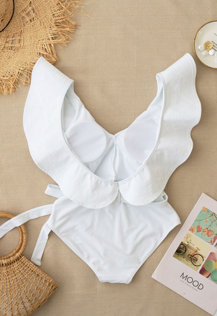 Plunging V-Neck Ruffle One-Piece Swimsuit in White - Retro, Indie and ...