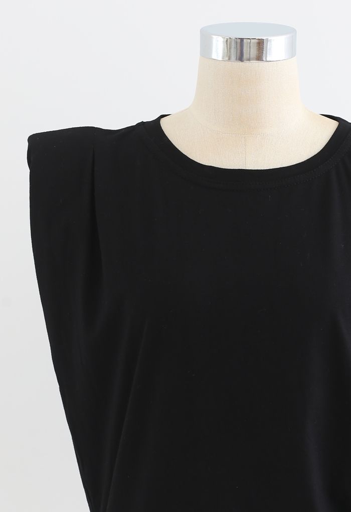 Knot Side Padded Shoulder Sleeveless Top in Black