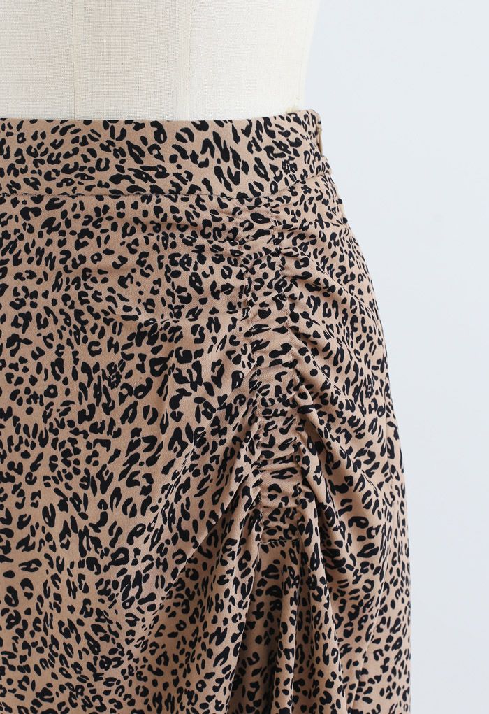 Animal Print Side Ruched Midi Skirt in Caramel - Retro, Indie and ...