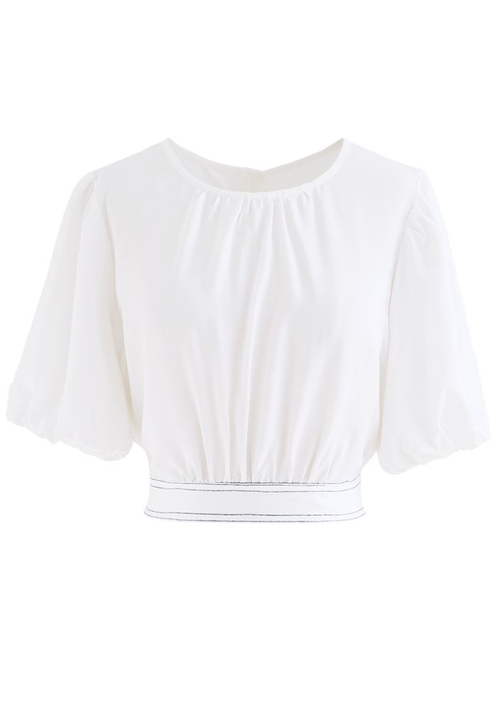 Button Back Bowknot Crop Top in White