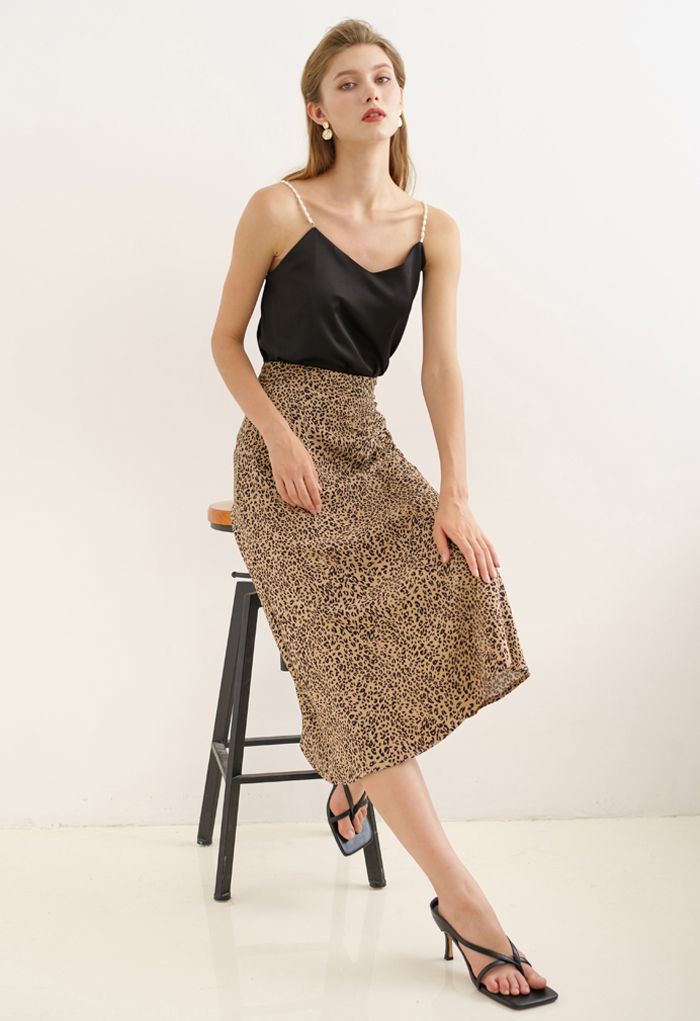 Animal Print Side Ruched Midi Skirt in Caramel