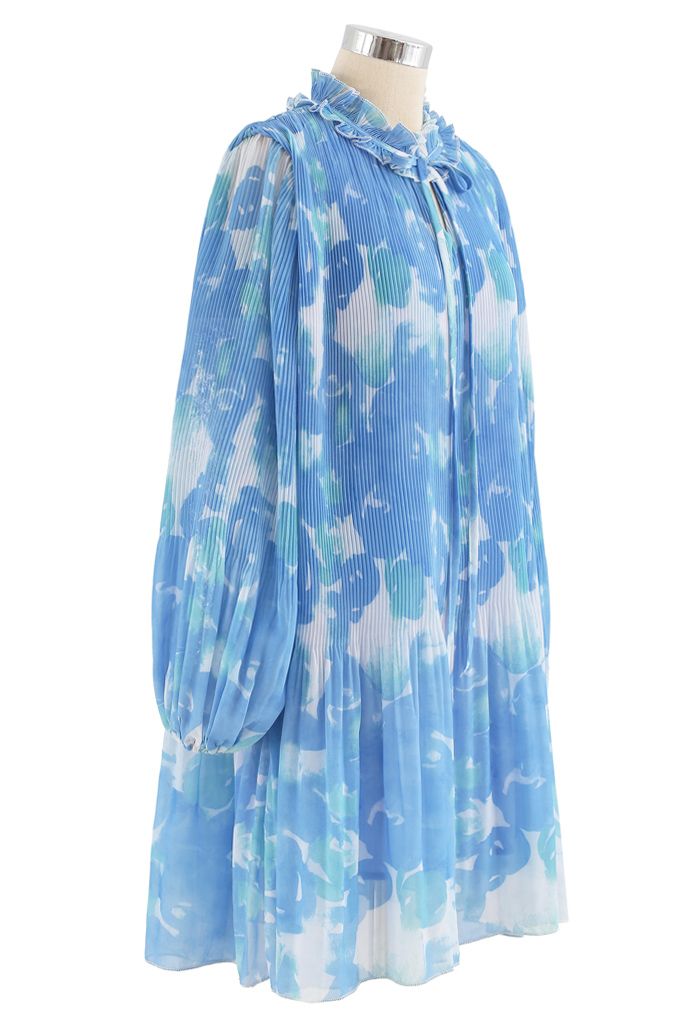 Pleated Ruffle Puff Sleeves Tie-Dye Dolly Dress