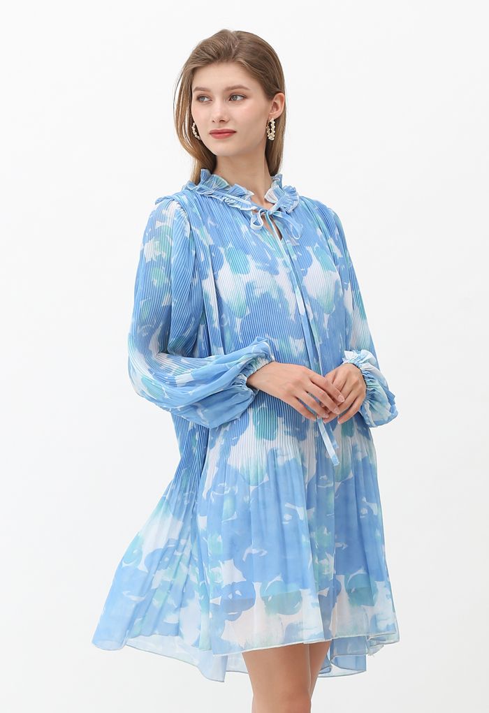 Pleated Ruffle Puff Sleeves Tie-Dye Dolly Dress