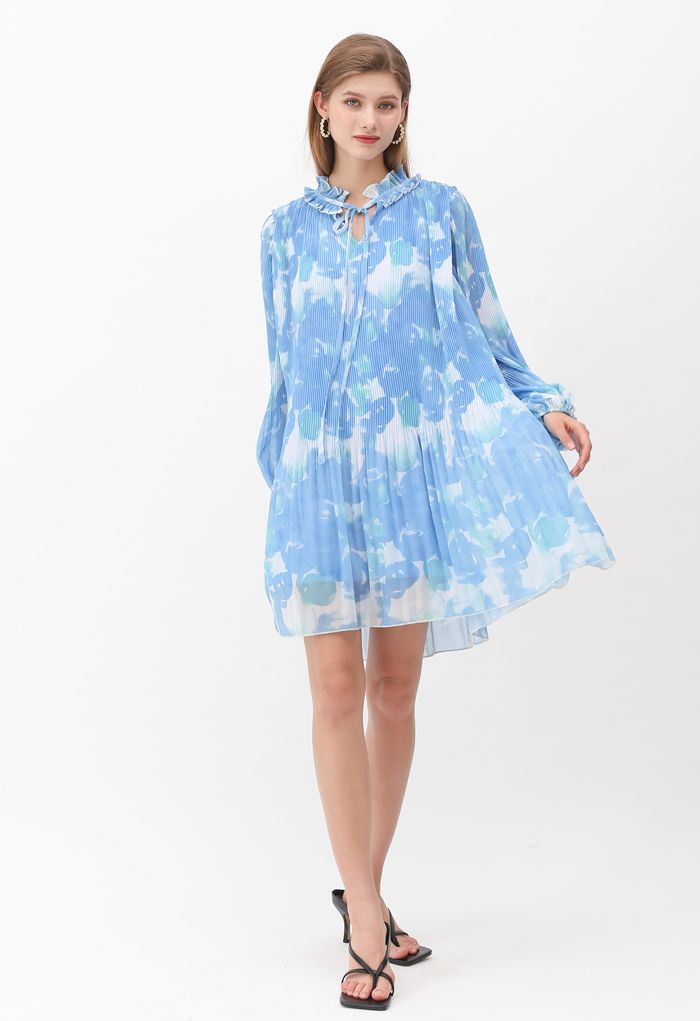 Pleated Ruffle Puff Sleeves Tie-Dye Dolly Dress