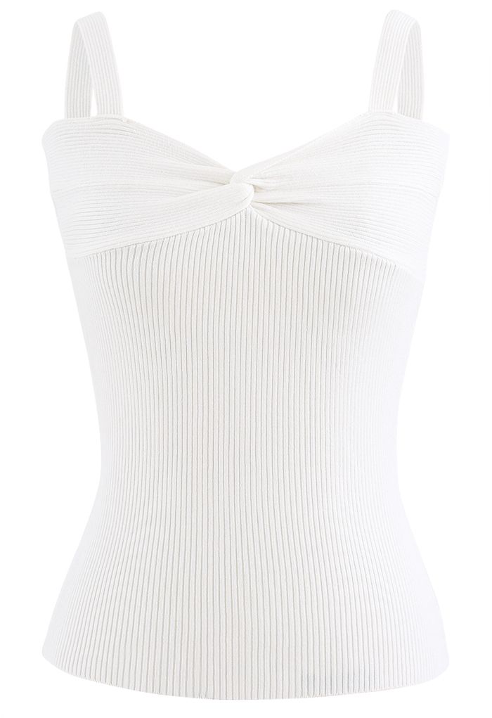 Twist Bust Ribbed Knit Cami Top in White