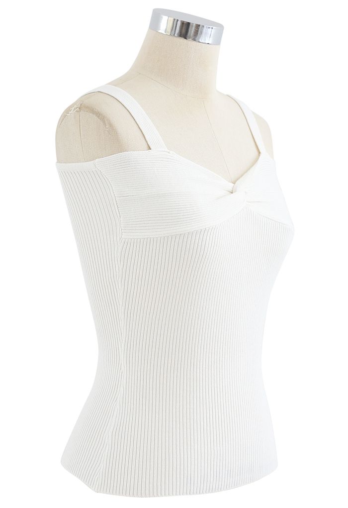 Twist Bust Ribbed Knit Cami Top in White