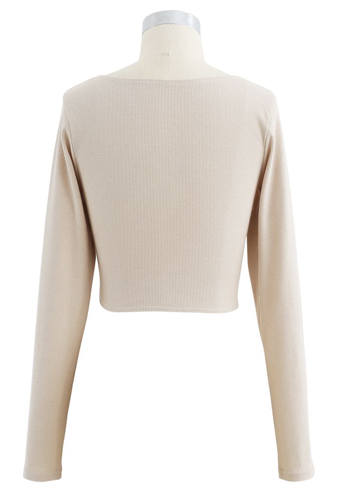 Crisscross Front Long Sleeves Ribbed Top in Sand