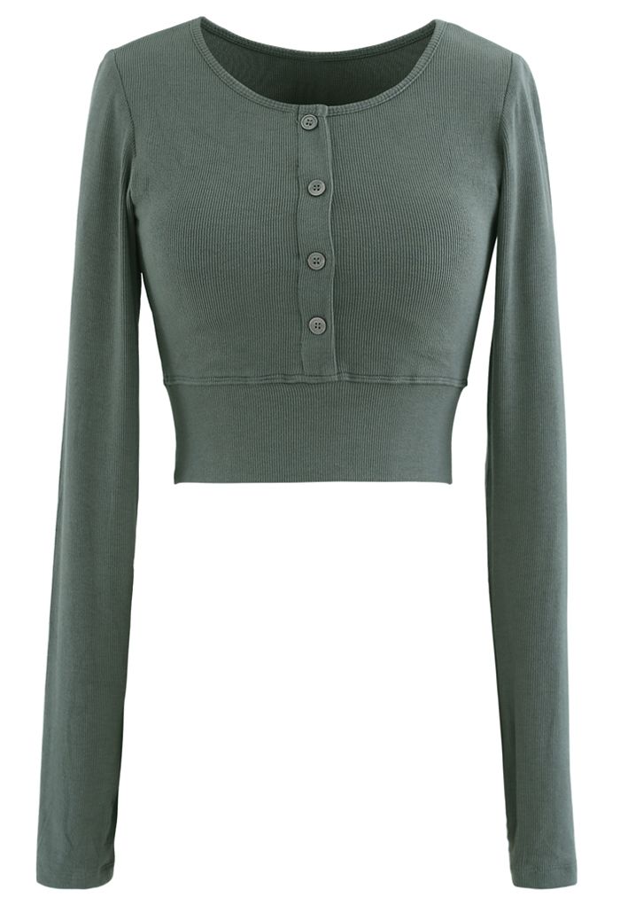 Buttoned Long Sleeves Crop Top in Teal