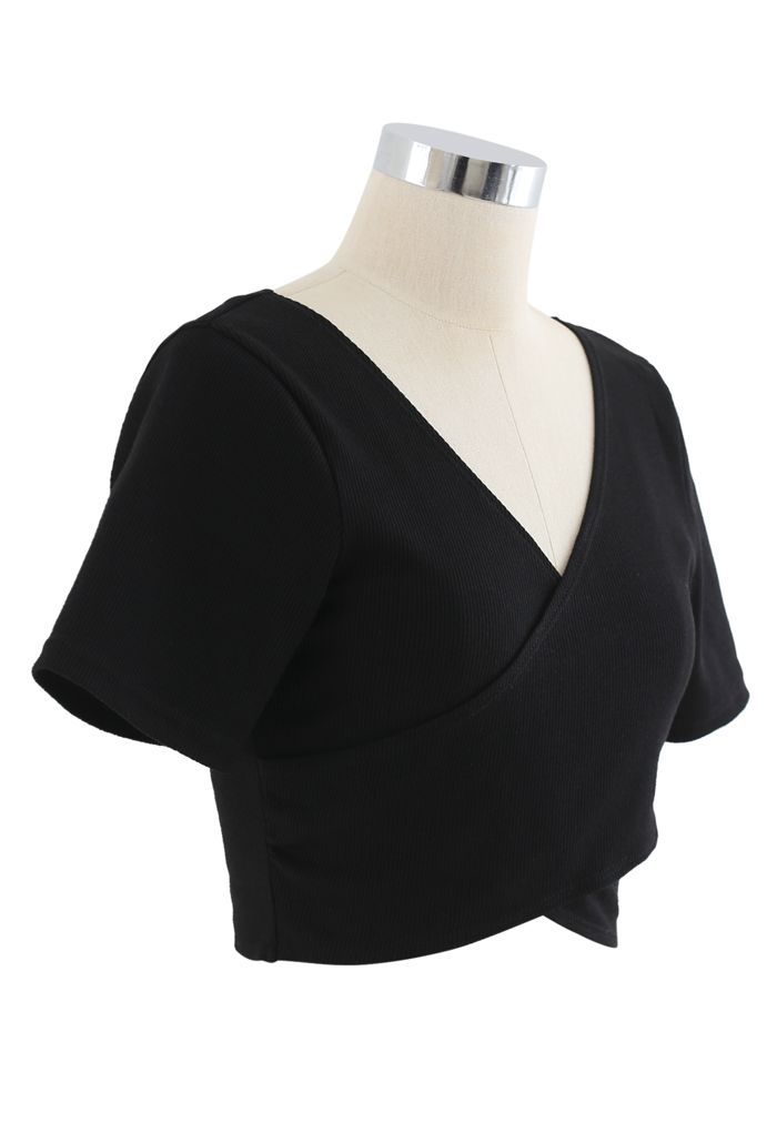 Crisscross Front Short Sleeves Ribbed Top in Black