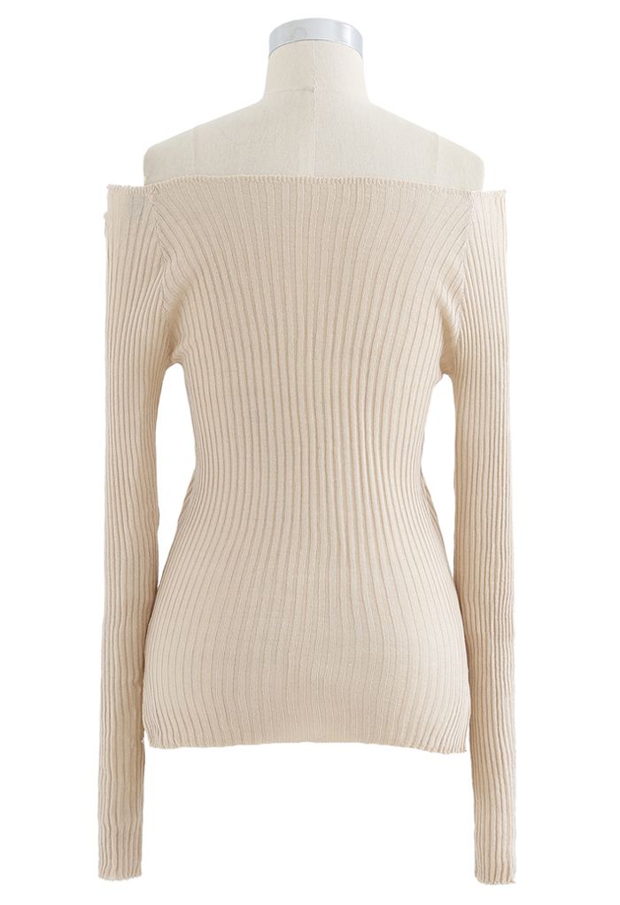 Fitted Off-Shoulder Ribbed Knit Top in Cream