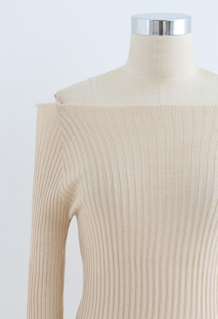 Fitted Off-Shoulder Ribbed Knit Top in Cream