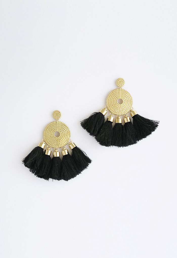 Gold Circle Boho Tassel Earrings