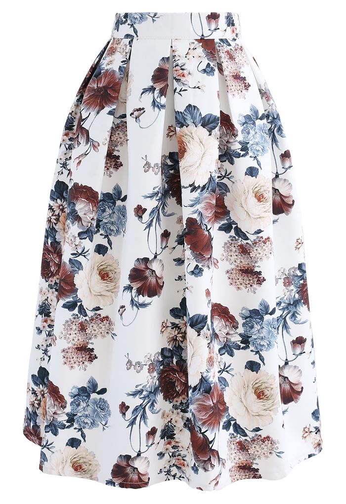 Pleated Baroque Floral Print Midi Skirt