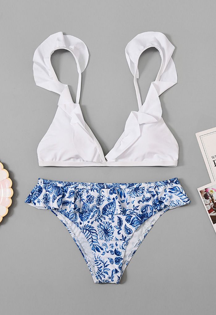 Blue Floral Print Ruffle Trim Bikini Set