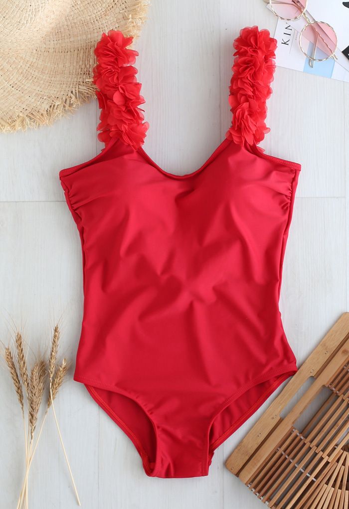 Solid Red 3D Floral Straps Scoop Back Swimsuit