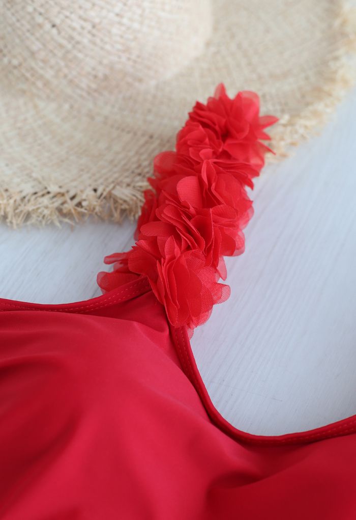 Solid Red 3D Floral Straps Scoop Back Swimsuit