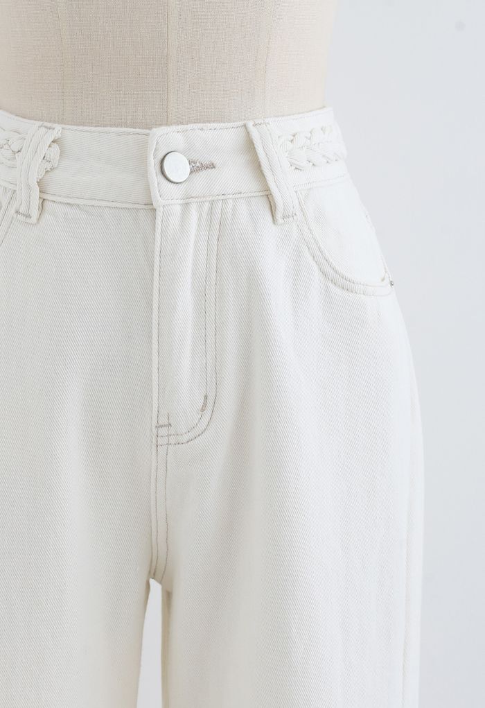 Braid Detail Straight-Leg Jeans in White