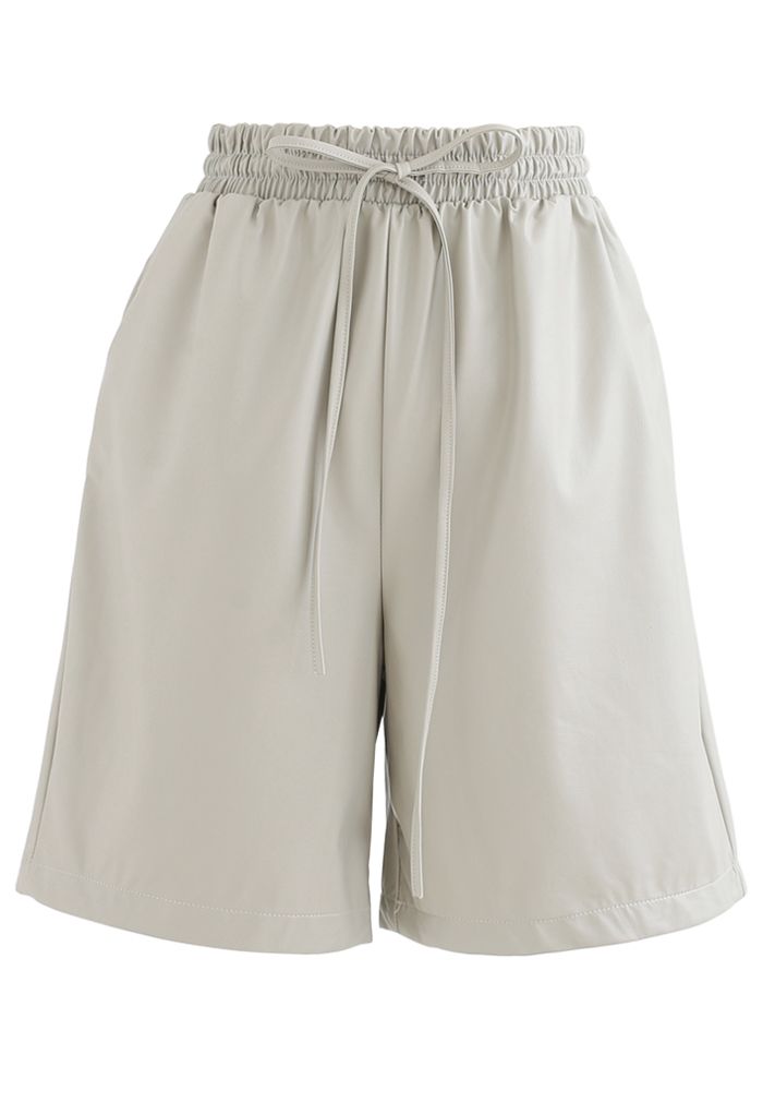 Drawstring PU Leather Shorts in Ivory