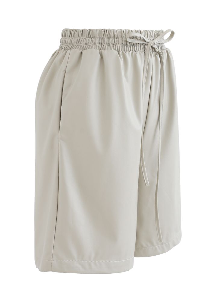 Drawstring PU Leather Shorts in Ivory