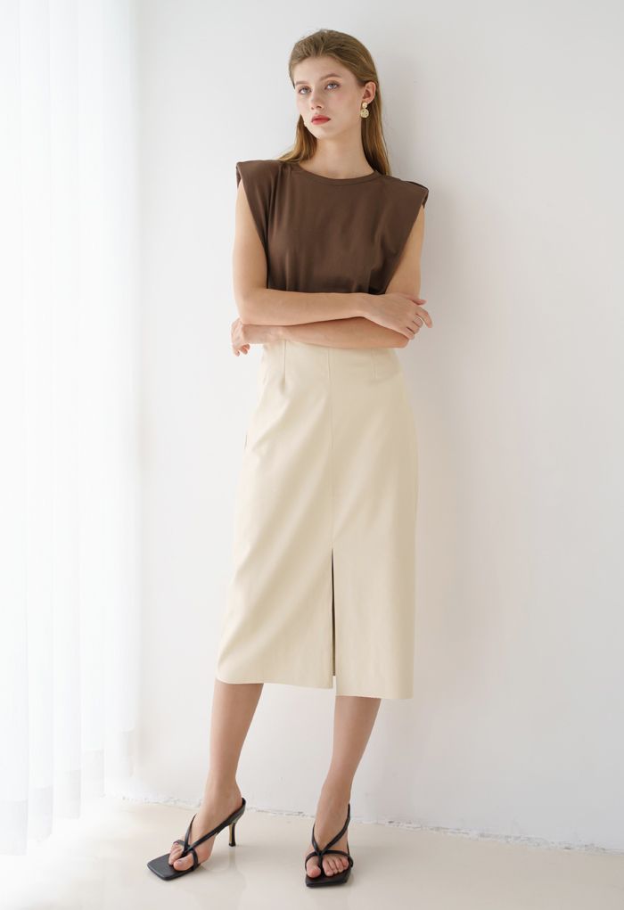 Vent Hem Faux Leather Pencil Skirt in Cream