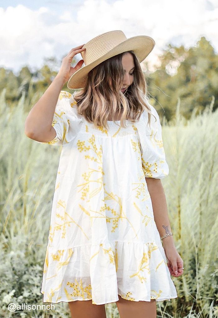 Wildflowers Embroidered Puff Sleeves Dolly Dress in White