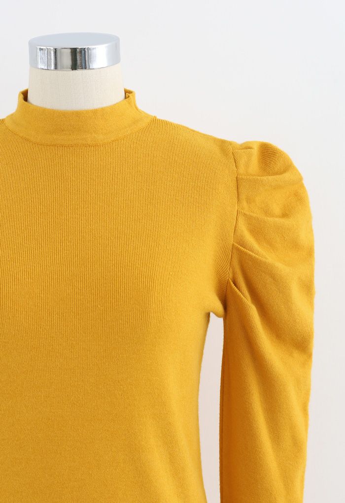 Mock Neck Bubble Sleeves Knit Top in Yellow