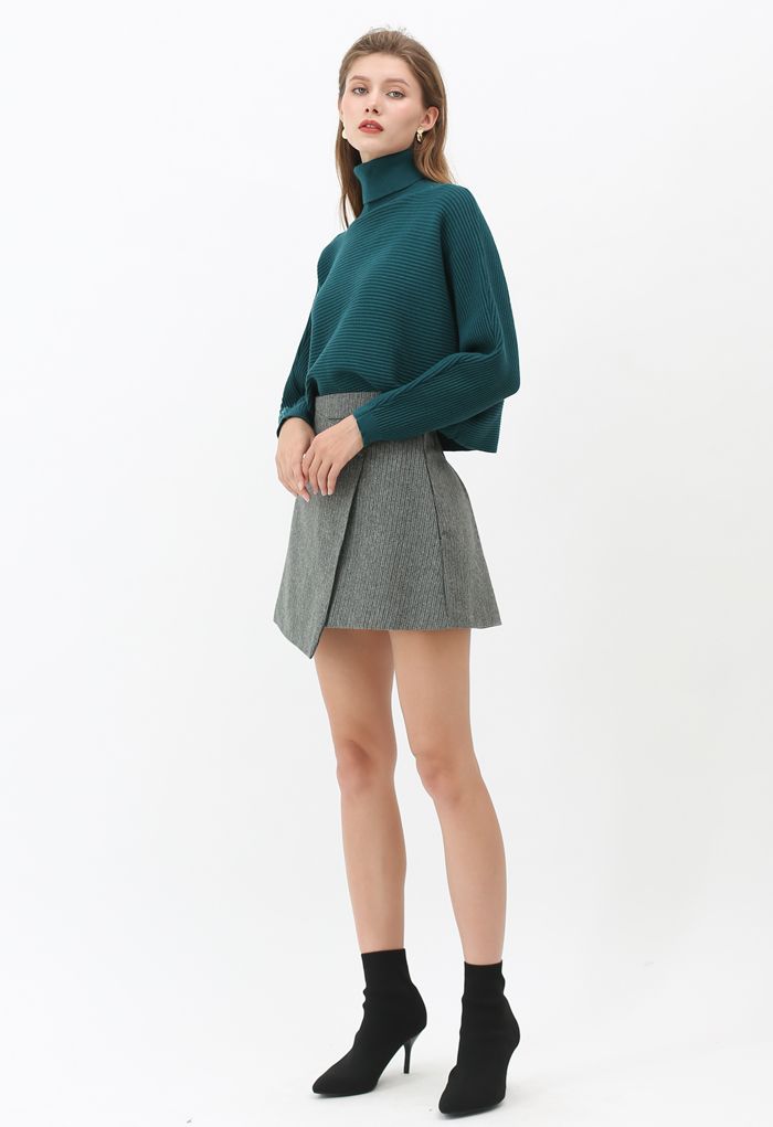 Button Flap Wool-Blended Mini Skirt in Dark Green