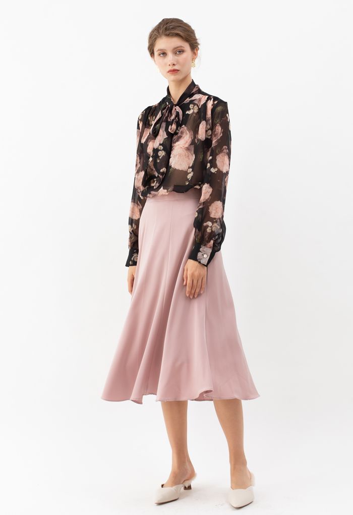 Satin A-Line Midi Skirt in Pink - Retro, Indie and Unique Fashion