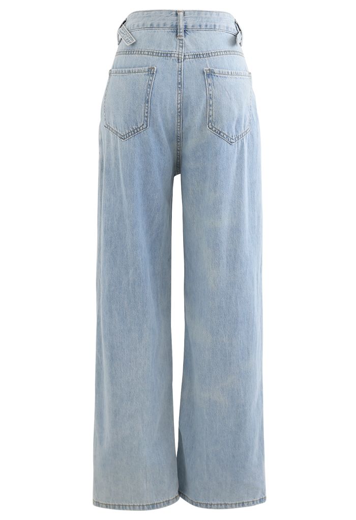 Belted Wide-Leg Pocket Jeans in Light Blue - Retro, Indie and Unique ...