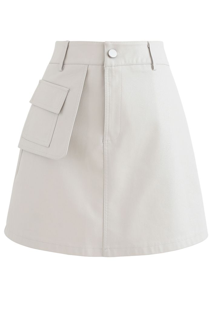 Pocket Faux Leather Texture Skirt in Ivory
