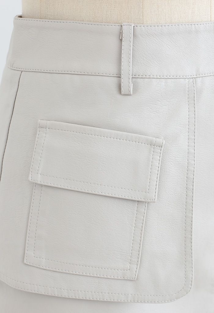 Pocket Faux Leather Texture Skirt in Ivory