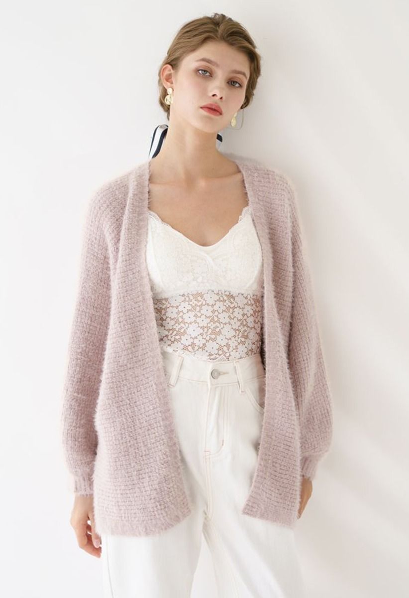 Fuzzy Open Front Waffle Knit Cardigan in Dusty Pink