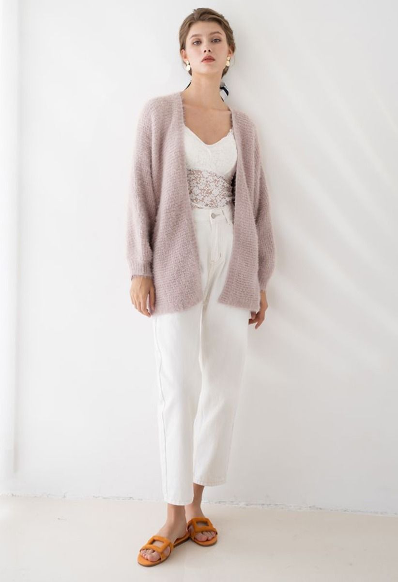 Fuzzy Open Front Waffle Knit Cardigan in Dusty Pink