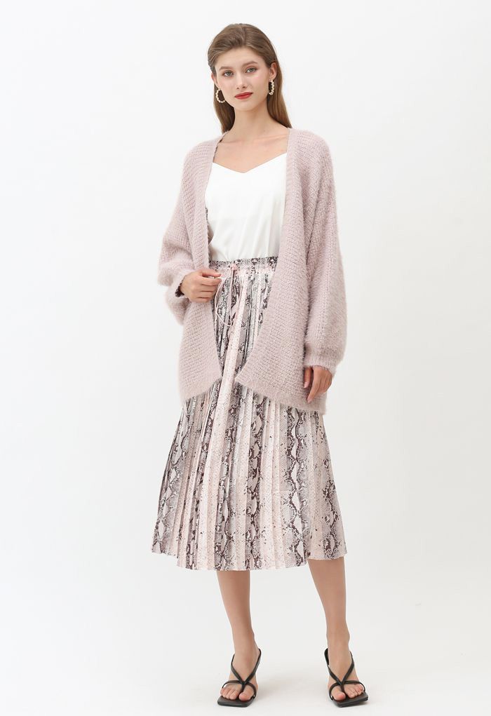 Fuzzy Open Front Waffle Knit Cardigan in Dusty Pink