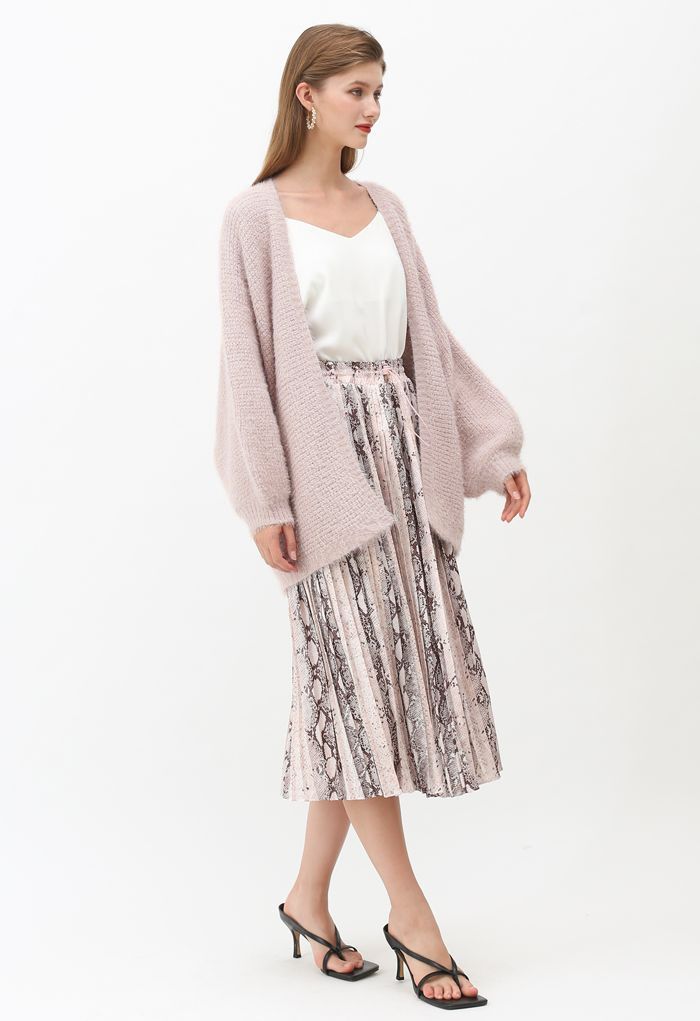 Fuzzy Open Front Waffle Knit Cardigan in Dusty Pink