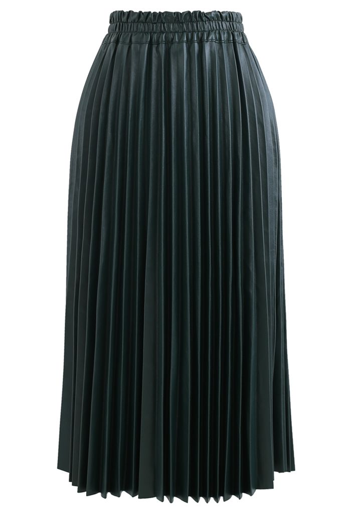 Faux Leather Pleated A Line Midi Skirt In Dark Green Retro Indie And Unique Fashion
