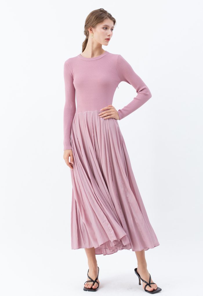 Knit Spliced Long Sleeves Maxi Dress in Pink