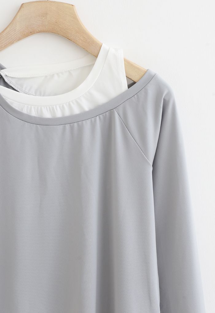 Cold Shoulder Fake Two-Piece Sports Top in Grey