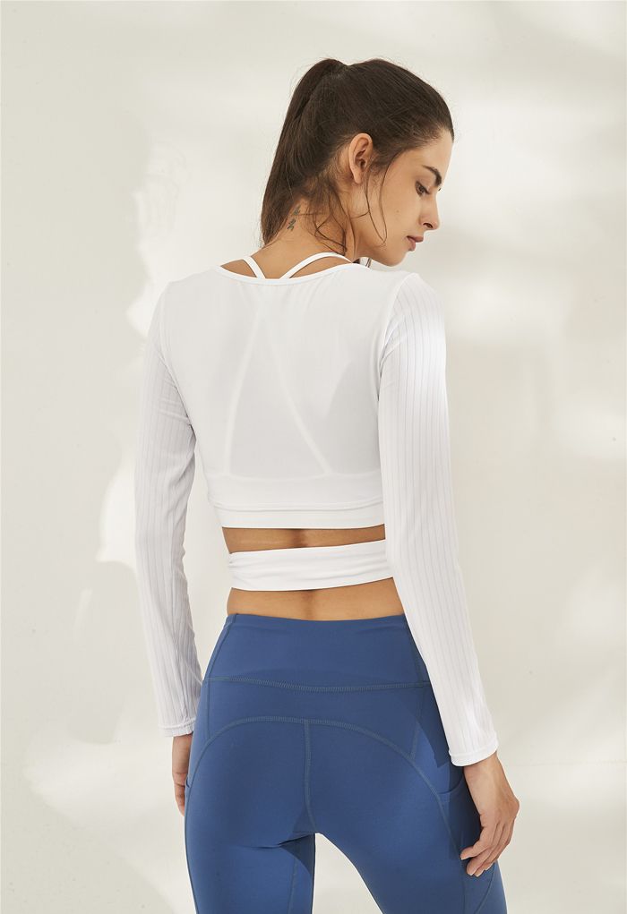 Self-Tie Waist Long Sleeves Cropped Sports Top in White