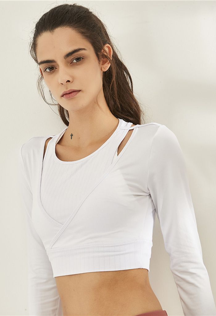 Fake Two-Piece Sleeves Cropped Sports Top in White