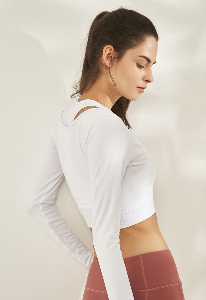 Fake Two-Piece Sleeves Cropped Sports Top in White
